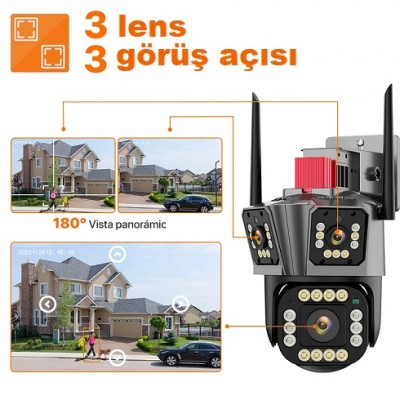 3 Kameralı Wifi Kamera 10x Zoom 4MP Kablosuz Kamera ICS-9080