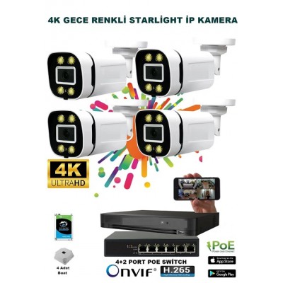 4 Kameralı 4k 1440p Poeli Ip Kamera Seti Gece Renkli ST-610
