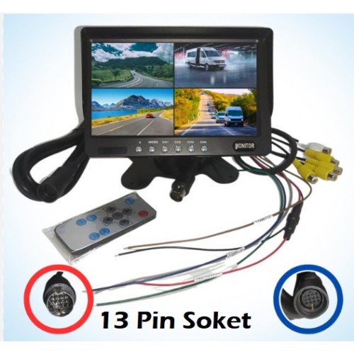 7 inç Dörde Bölünür Araç Monitörü 13 Pin çıkışlı 4 Kamera Girişli Ekran ICQM-13