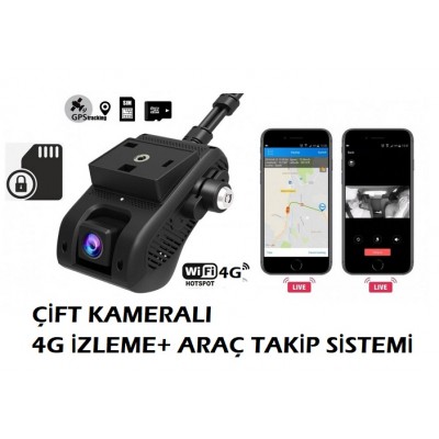 Uzaktan İzleme Özellikli Çift Araç Kamerası 4G ve GPS + Canlı Kamera C-390