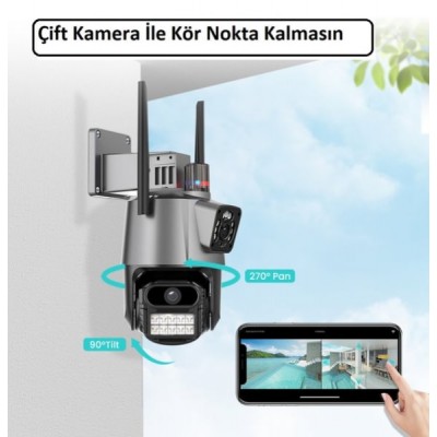 Çift Kameralı 4MP Çakar Işıklı UltraHD Wifi PTZ Kamera ICS-920