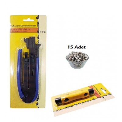 F Konnektör Sıkma Pensesi + Kablo Soyucu + 15 Adet Sıkmalı F Konnektör