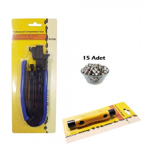 F Konnektör Sıkma Pensesi + Kablo Soyucu + 15 Adet Sıkmalı F Konnektör